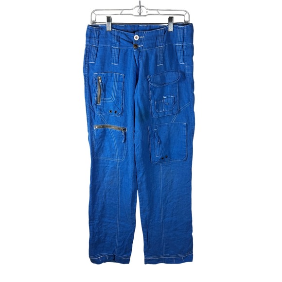 Pete & Greta Unisex Blue Linen Cargo Pants Size 0 Multi Pocket Boho Y2K Fest - Picture 1 of 12